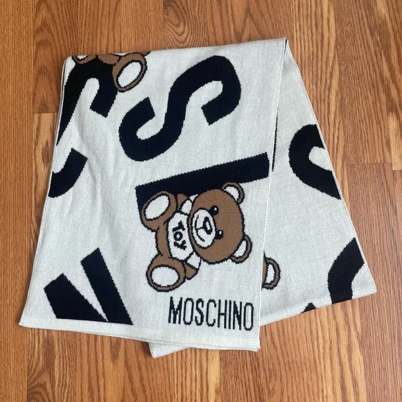 Moschino Teddy Bear Scarf Knit Logo Shawl Brown White - Picture 5 of 5